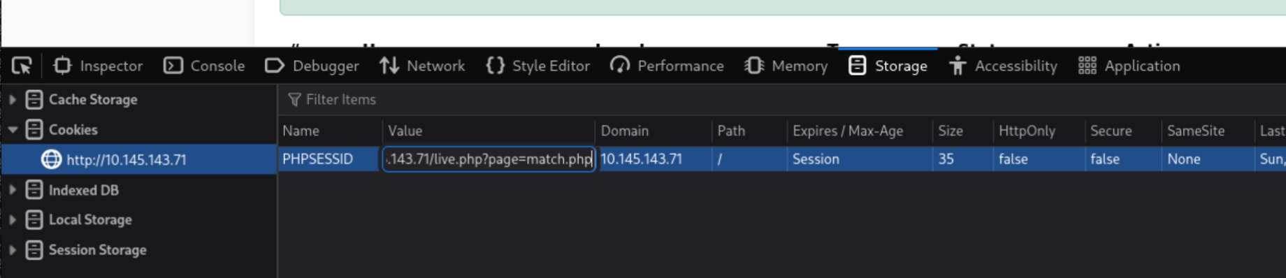 DevTools Storage tab with admin session cookie being swapped in